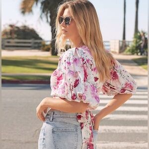 Express Floral bubble/puff sleeve Tie back Top SzM